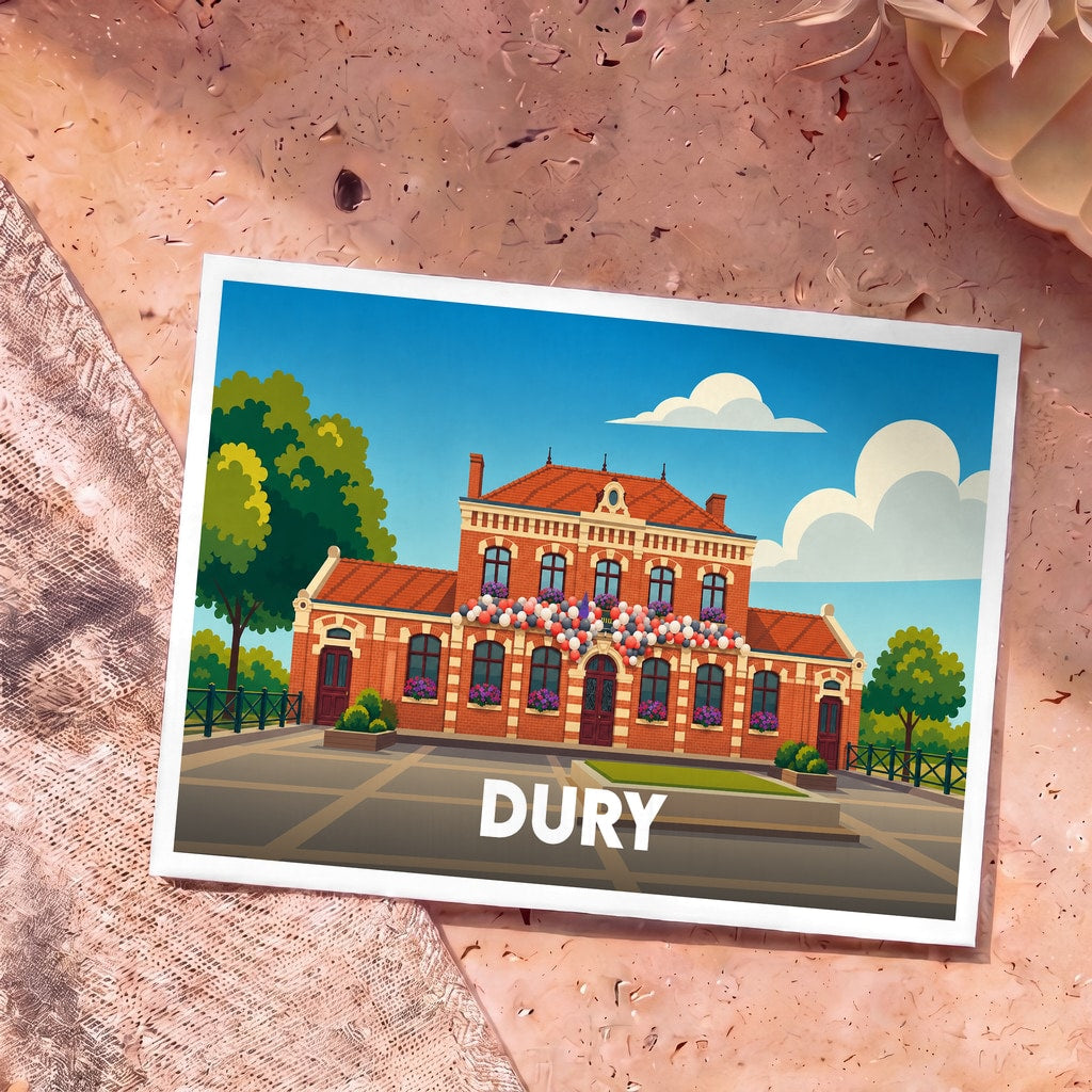 Carte postale souvenir de la ville de Dury avec une illustration stylisée de son hôtel de ville fleuri.