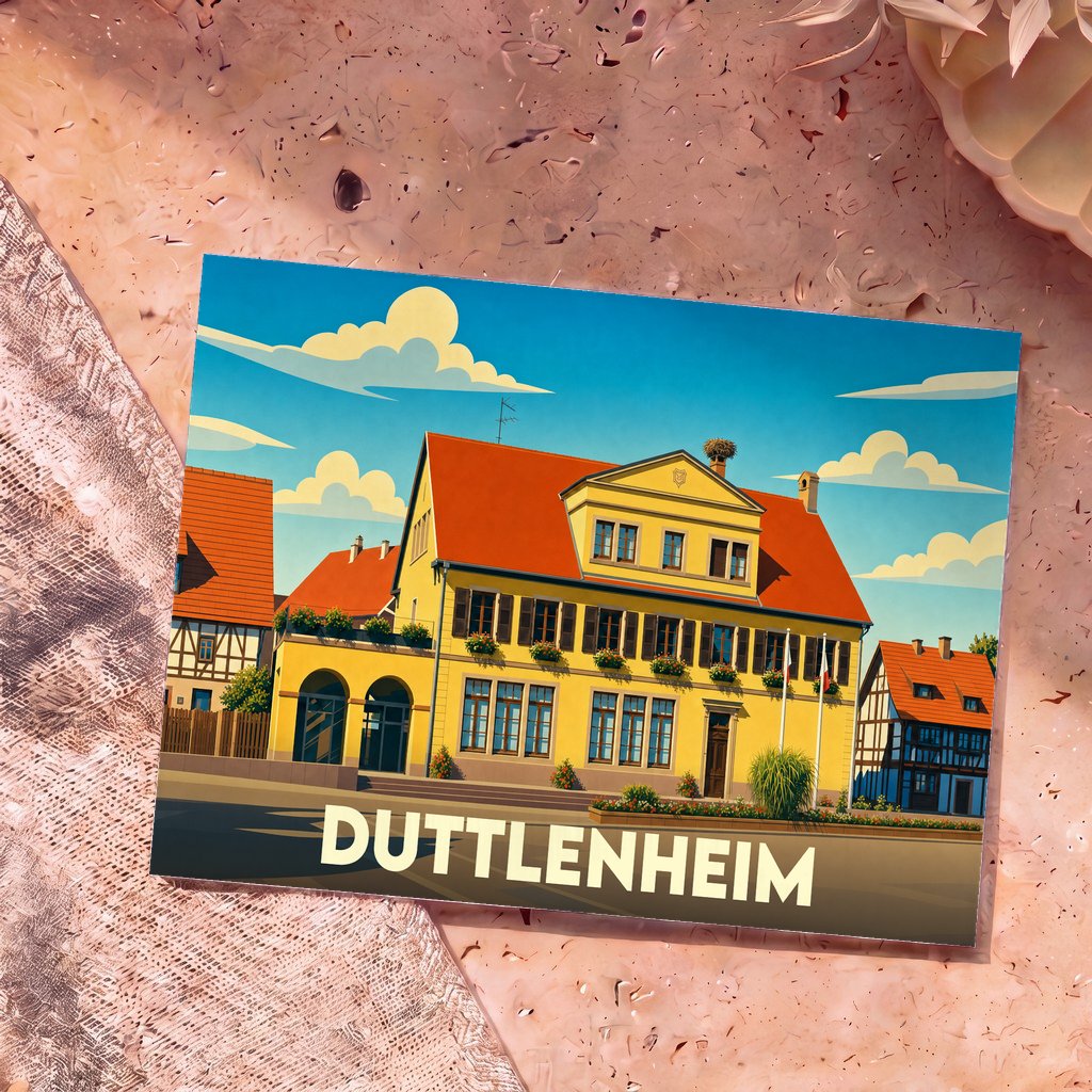 Carte postale souvenir de la ville de Duttlenheim illustrant sa mairie au style architectural alsacien.