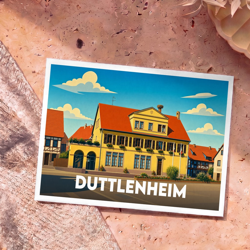 Carte postale souvenir de la ville de Duttlenheim illustrant sa mairie au style architectural alsacien.