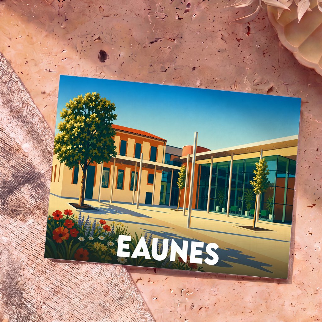 Carte postale souvenir de la ville de Eaunes avec une illustration stylisée et colorée de son architecture.