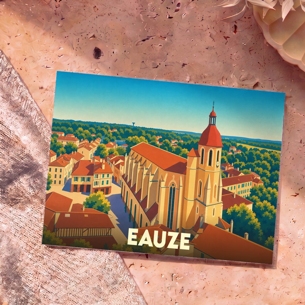 Carte postale souvenir de la ville d'Eauze avec une illustration stylisée de son église et de ses toits.