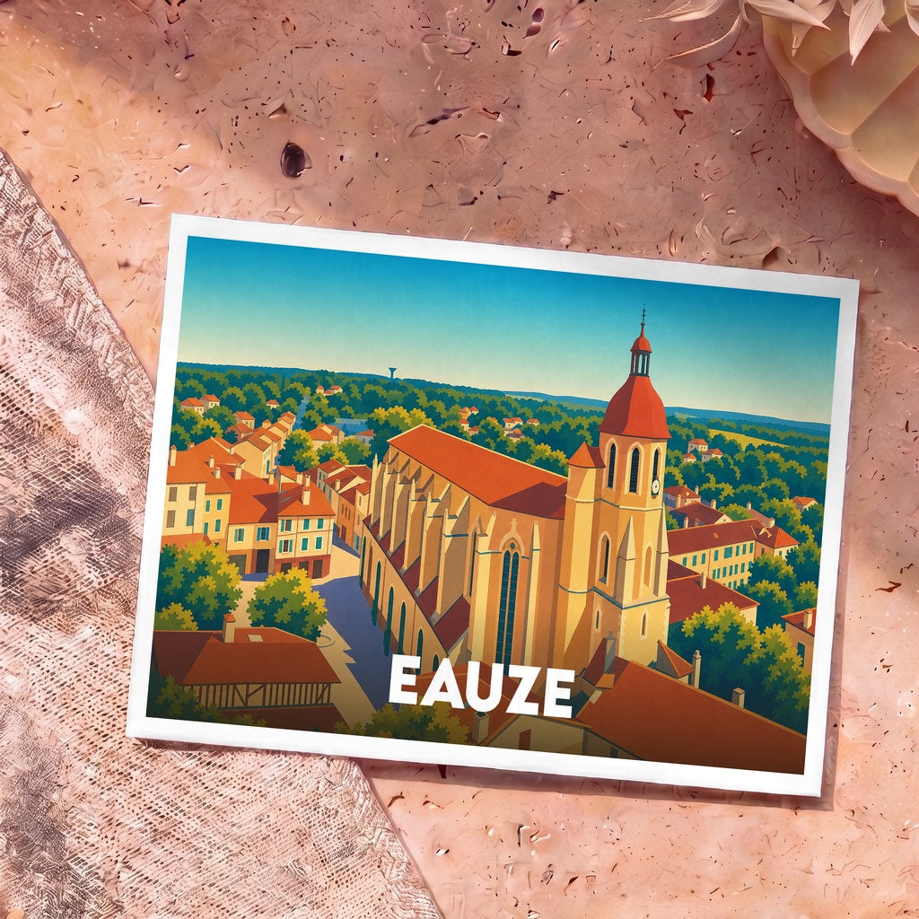Carte postale souvenir de la ville d'Eauze avec une illustration stylisée de son église et de ses toits.