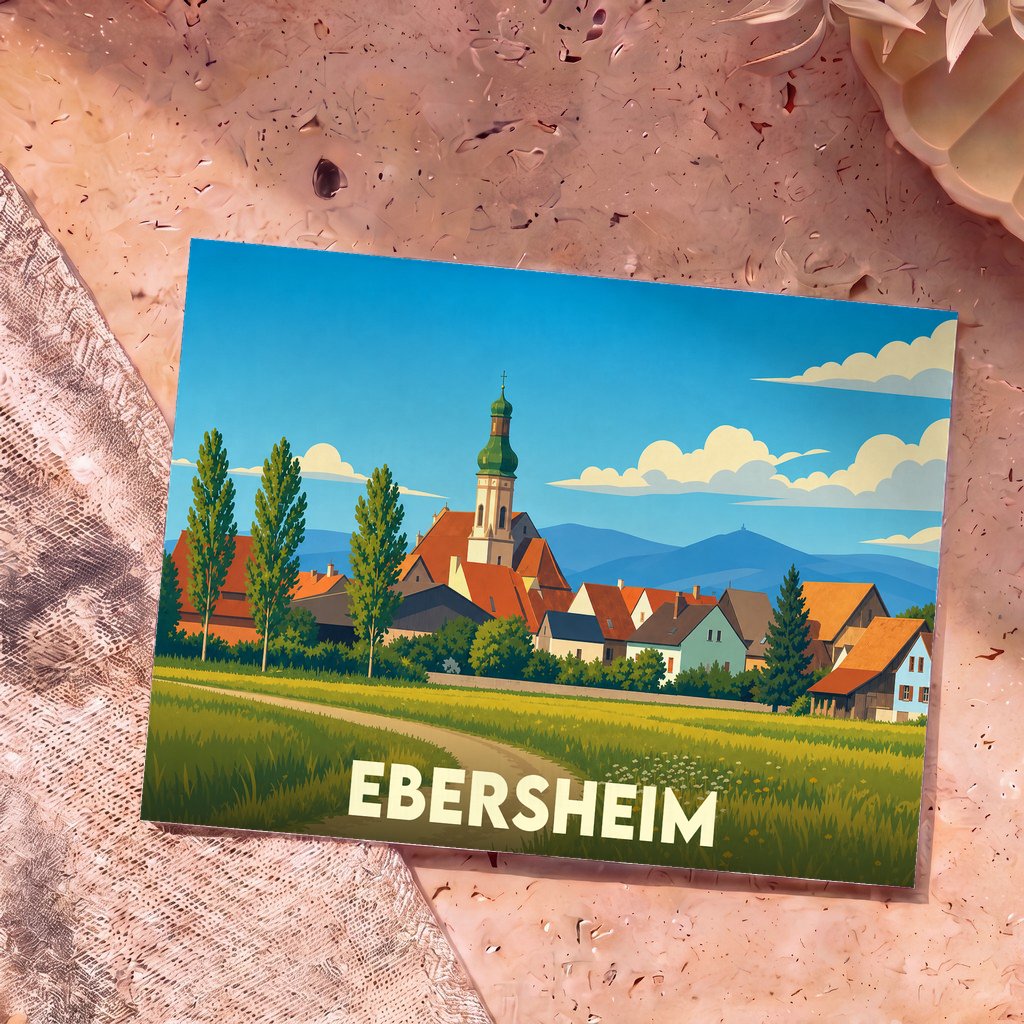 Carte postale souvenir de la ville d'Ebersheim avec une illustration stylisée d'un village alsacien.