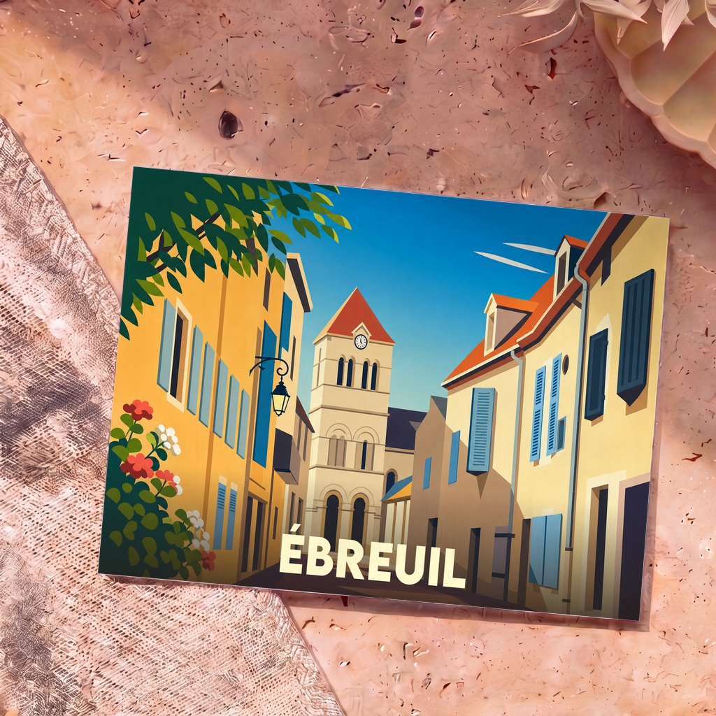 Carte postale souvenir de la ville d'Ébreuil avec une illustration stylisée de ses rues et de son église.