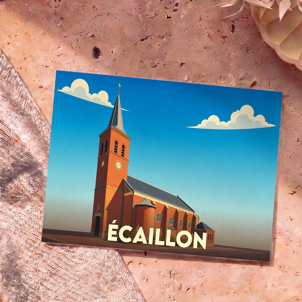 Carte postale souvenir de la ville d'Écaillon avec une illustration stylisée de son église sous un ciel bleu.