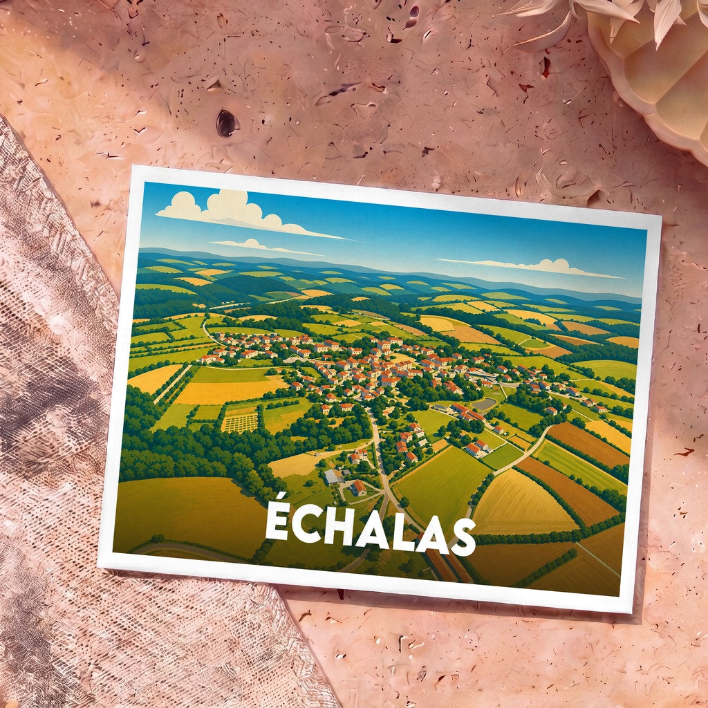 Carte postale souvenir de la ville d'Échalas avec une illustration stylisée d'un paysage rural vu du ciel.