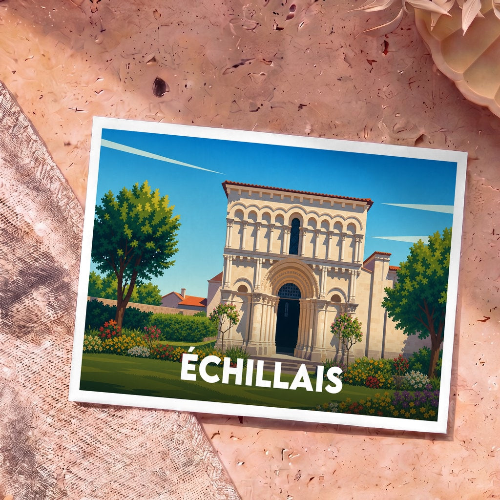 Carte postale souvenir de la ville d'Échillais avec une illustration stylisée de son église romane.
