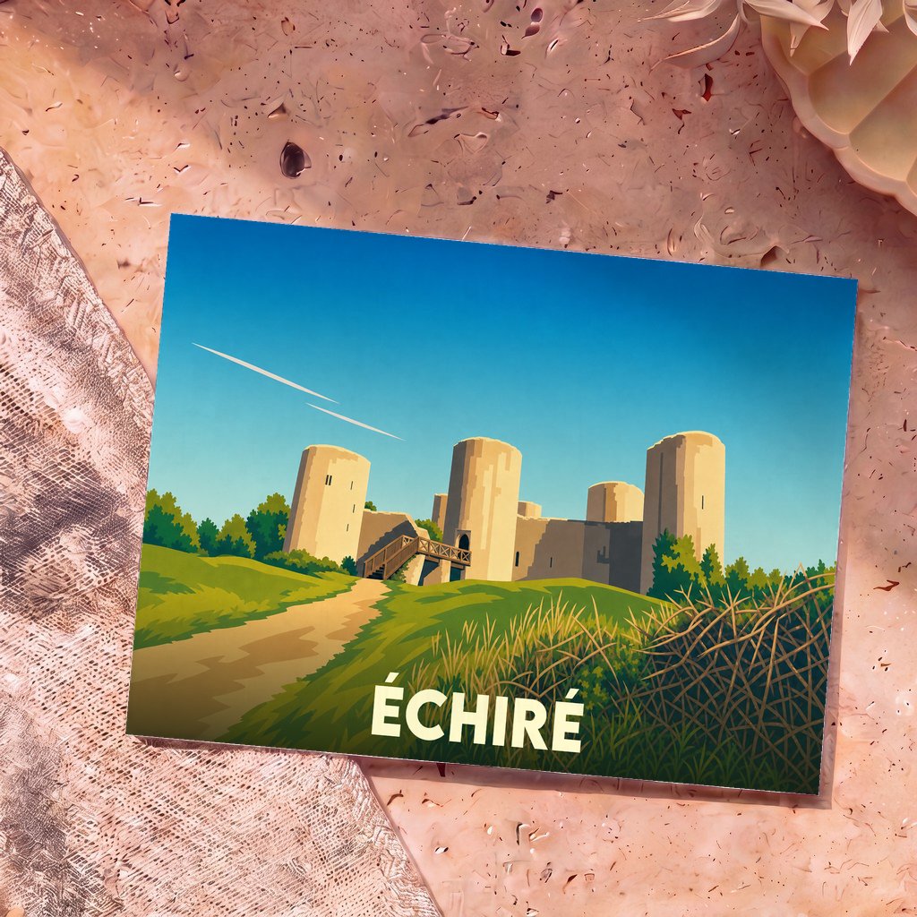 Carte postale souvenir de la ville d'Échiré illustrant son château médiéval dans un style graphique épuré.
