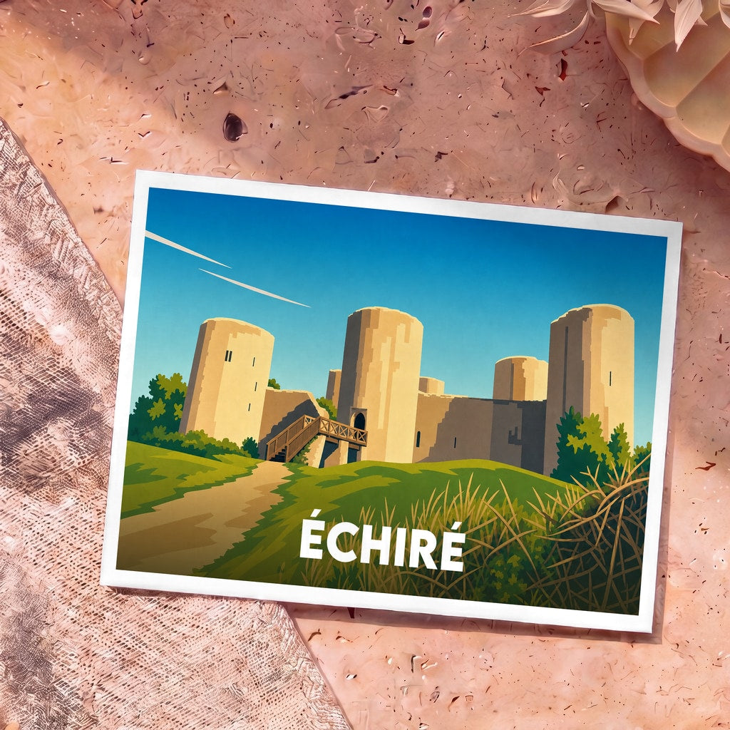 Carte postale souvenir de la ville d'Échiré illustrant son château médiéval dans un style graphique épuré.