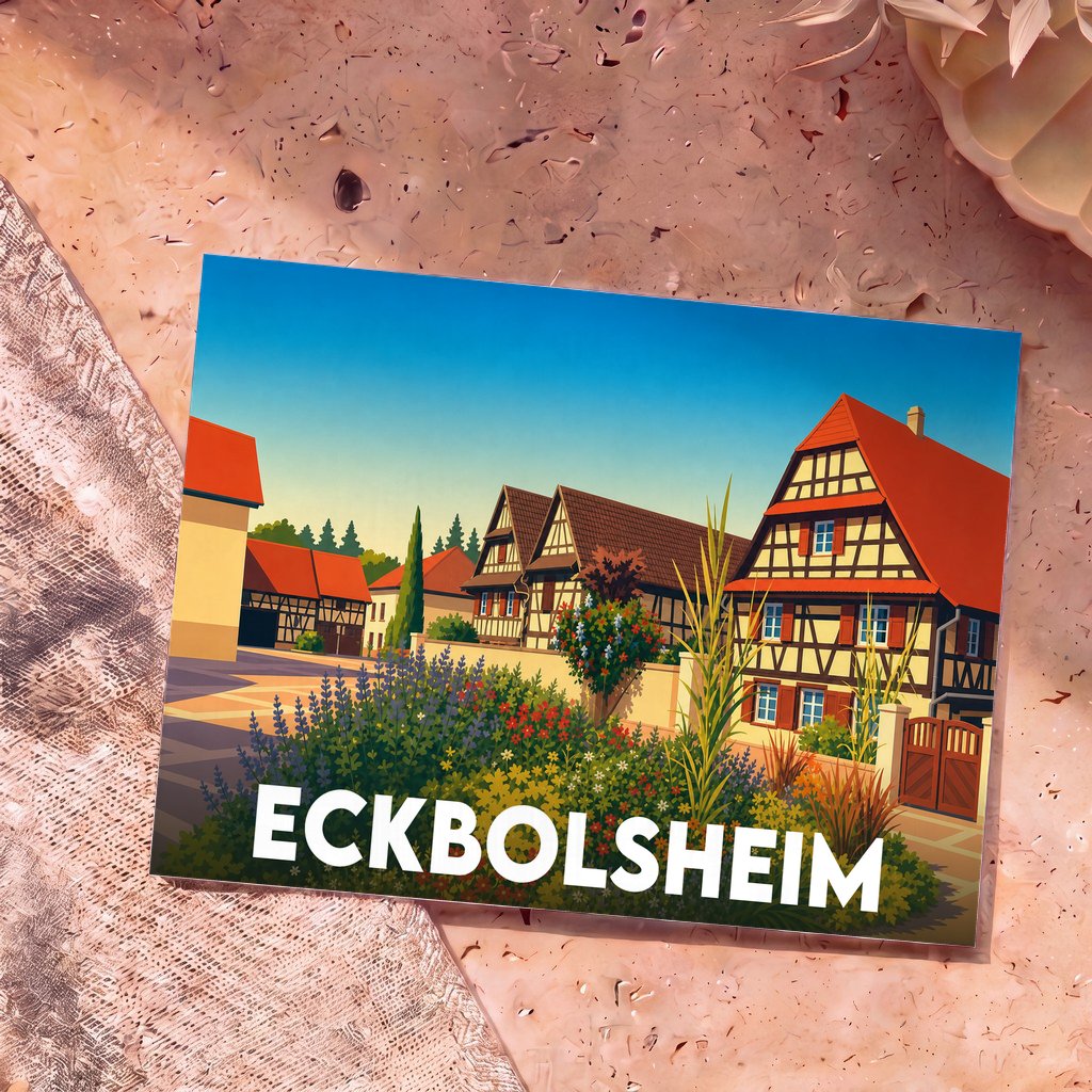 Carte postale souvenir de la ville d'Eckbolsheim avec une illustration stylisée de maisons à colombages.