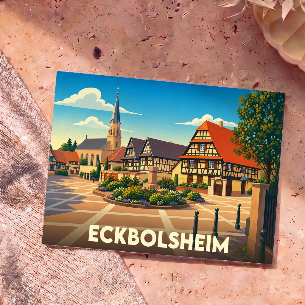 Carte postale souvenir de la ville d'Eckbolsheim avec une illustration stylisée de ses maisons à colombages et de son église.