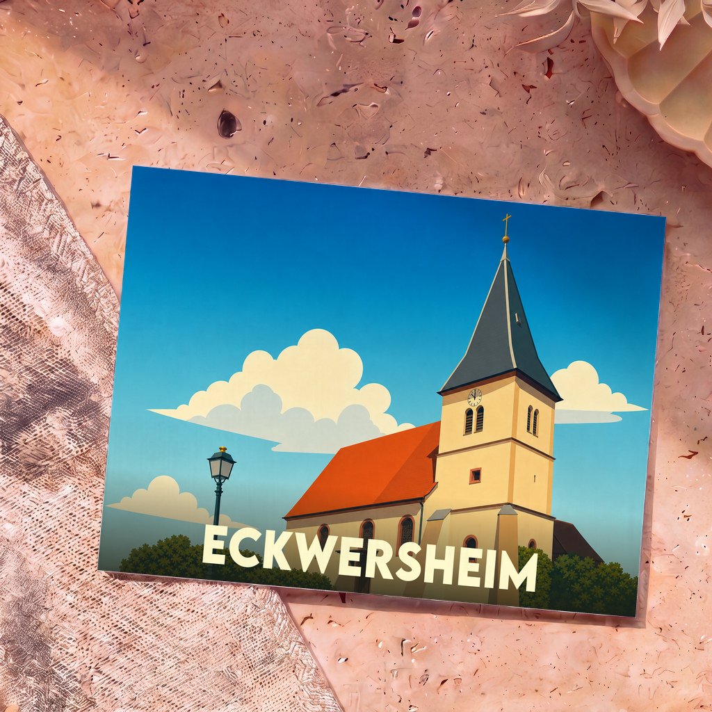 Carte postale souvenir de la ville d'Eckwersheim illustrée par un dessin stylisé de son église sous un ciel bleu.