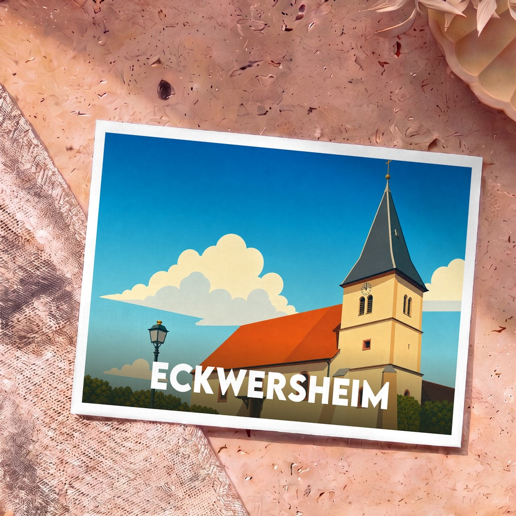 Carte postale souvenir de la ville d'Eckwersheim illustrée par un dessin stylisé de son église sous un ciel bleu.