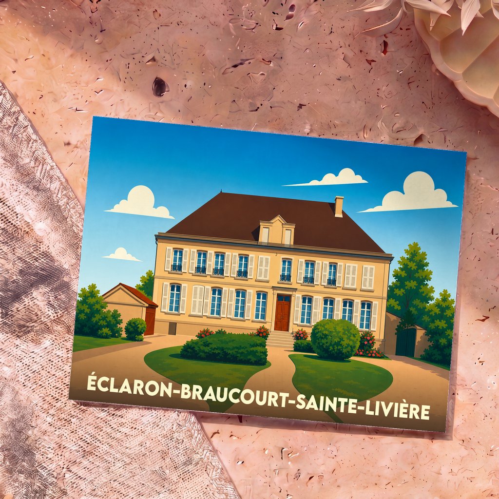 Carte postale souvenir de la ville d'Éclaron-Braucourt-Sainte-Livière avec l'illustration stylisée d'une grande demeure bourgeoise.