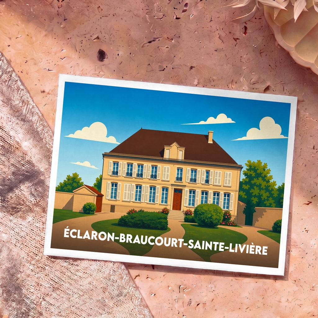 Carte postale souvenir de la ville d'Éclaron-Braucourt-Sainte-Livière avec l'illustration stylisée d'une grande demeure bourgeoise.