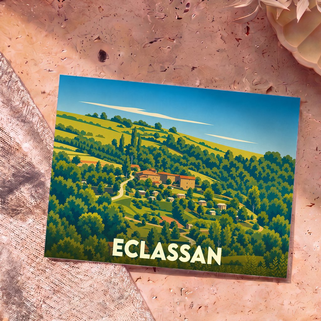 Carte postale souvenir d'Eclassan représentant une vue stylisée du village et de ses collines verdoyantes.