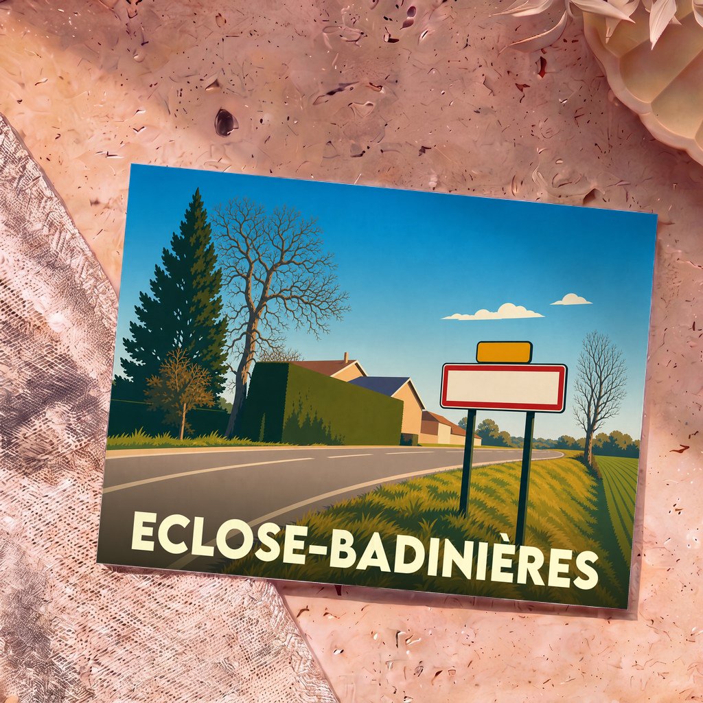 Carte postale souvenir de la commune d'Eclose-Badinières présentant une illustration stylisée d'un paysage de route de campagne.