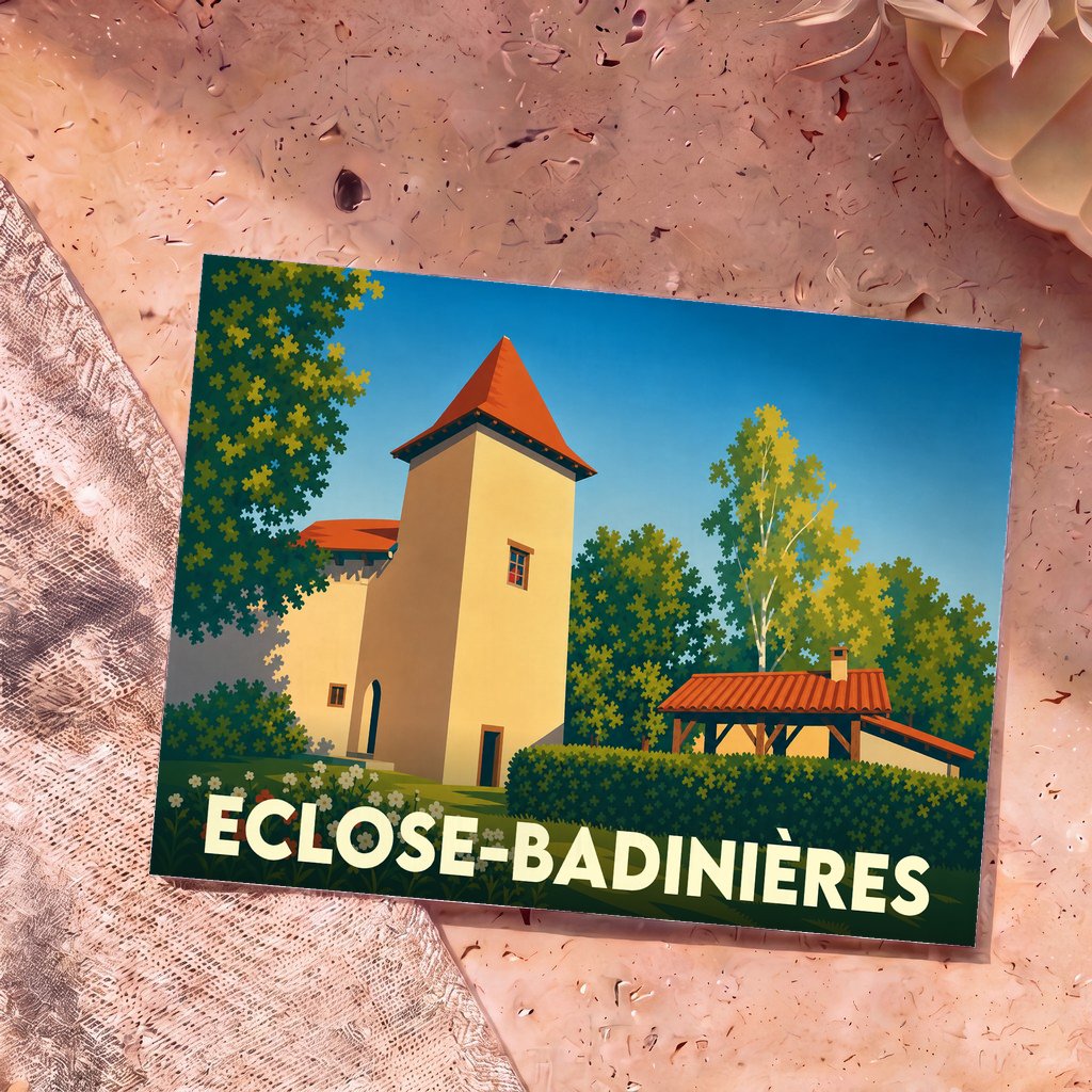 Carte postale souvenir de la ville d'Eclose-Badinières avec une illustration stylisée.
