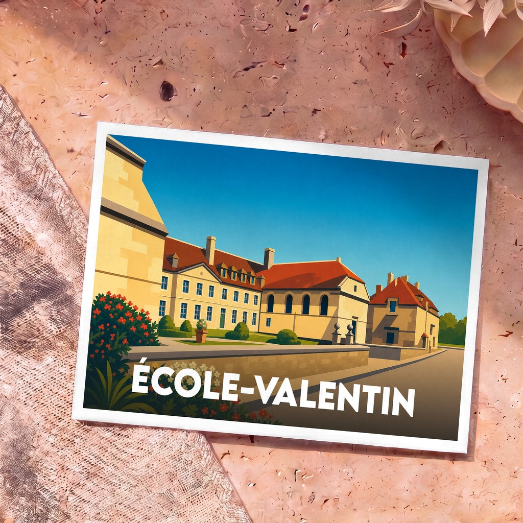 Carte postale souvenir de la ville d'École-Valentin illustrant ses bâtiments historiques dans un style graphique épuré.