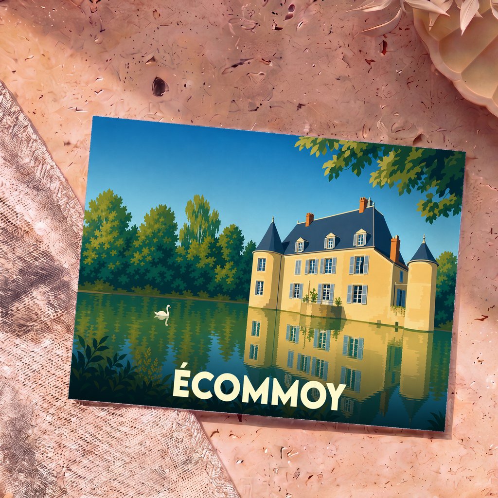 Carte postale souvenir de la ville d'Écommoy illustrant un château stylisé se reflétant dans l'eau.