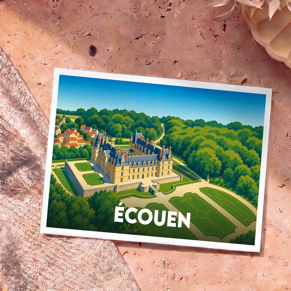 Carte postale souvenir de la ville d'Écouen avec une illustration stylisée de son château et de ses jardins.