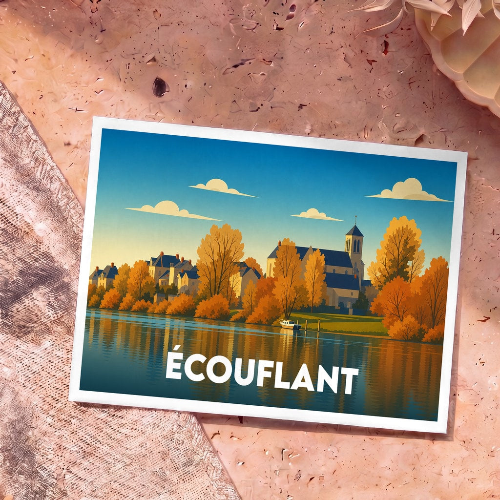 Carte postale souvenir de la ville d'Écouflant avec une illustration stylisée des bords de la Sarthe en automne.