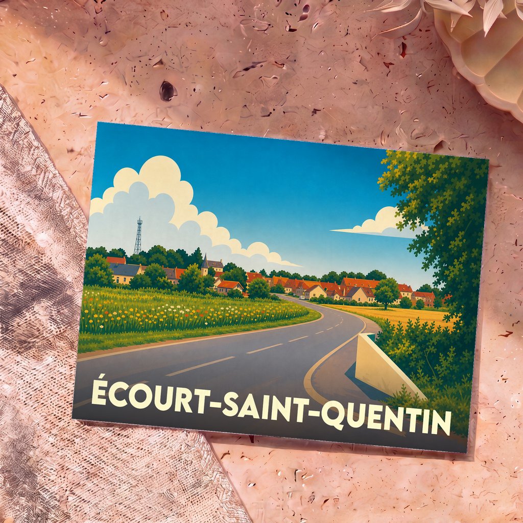 Carte postale souvenir de la ville de Écourt-Saint-Quentin avec une illustration stylisée d'un paysage rural.