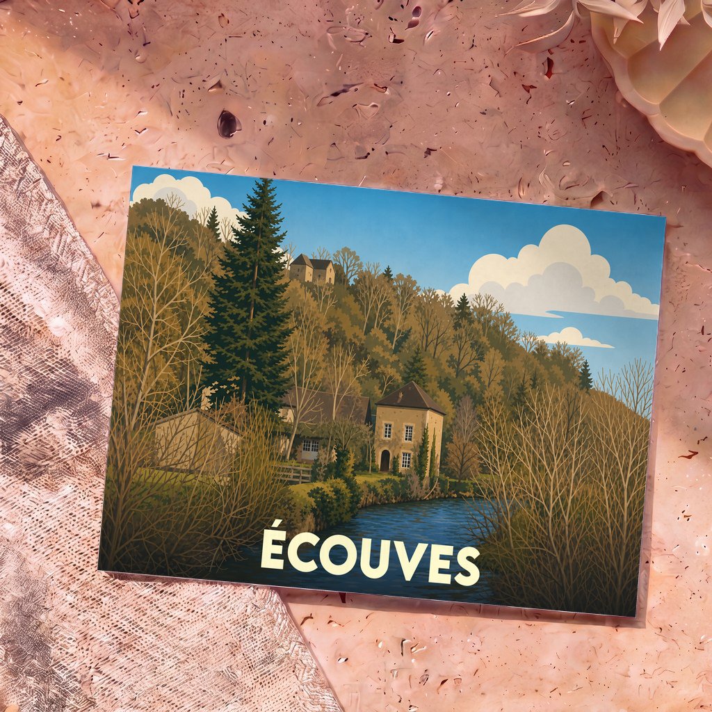 Carte postale souvenir de la ville d’Écouves illustrant un paysage de forêt et de rivière avec une architecture traditionnelle.