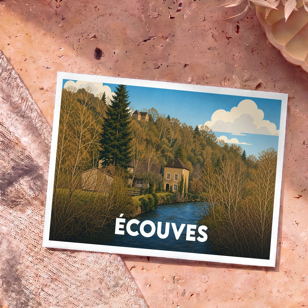 Carte postale souvenir de la ville d’Écouves illustrant un paysage de forêt et de rivière avec une architecture traditionnelle.