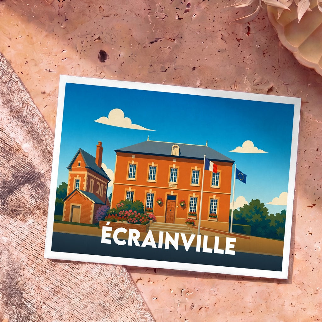 Carte postale souvenir de la ville d'Écrainville avec une illustration stylisée de sa mairie.