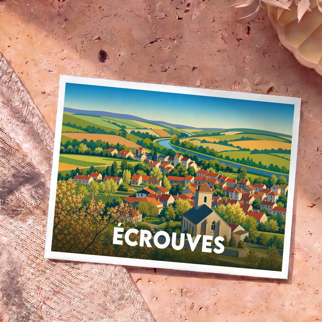 Carte postale souvenir de la ville d'Écrouves avec une illustration stylisée de son paysage vallonné et de ses toits rouges.
