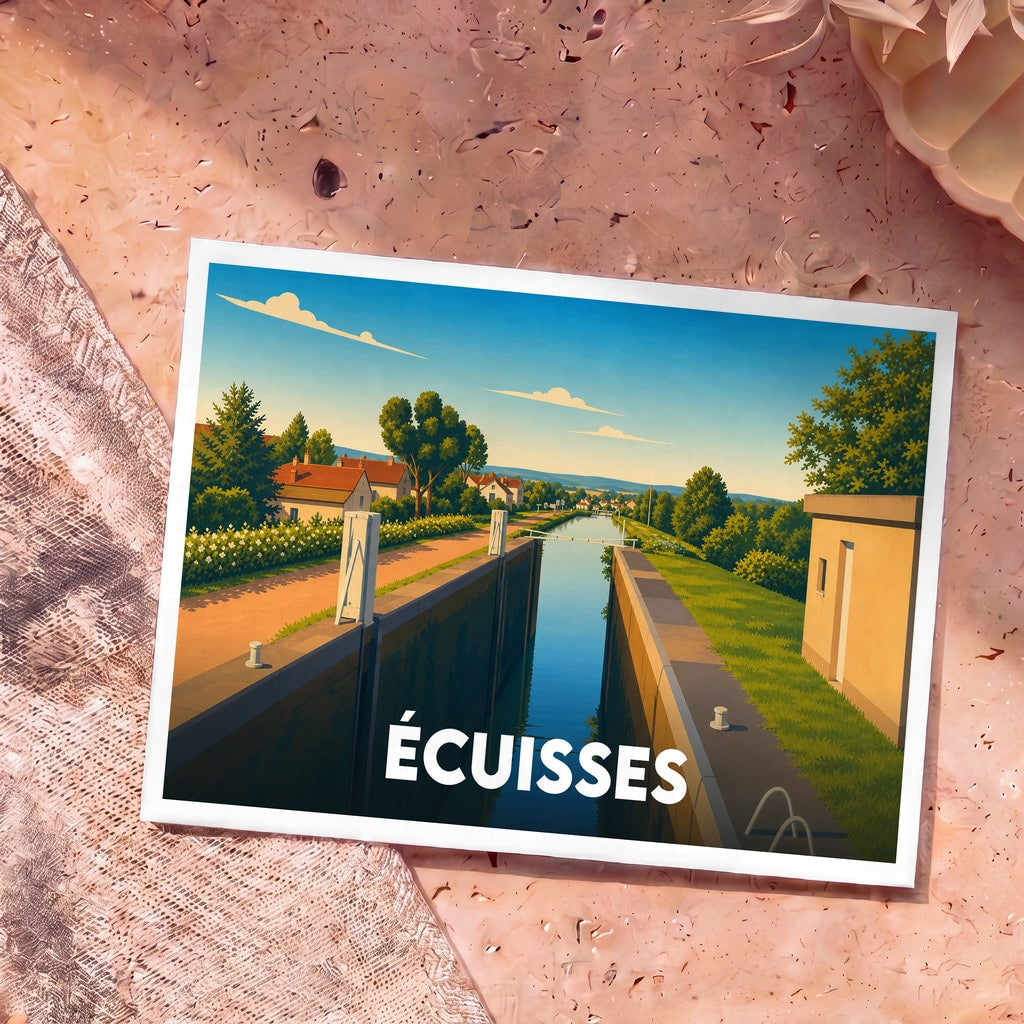 Carte postale souvenir de la ville de Écuisses avec une illustration stylisée d'une écluse sur le canal.