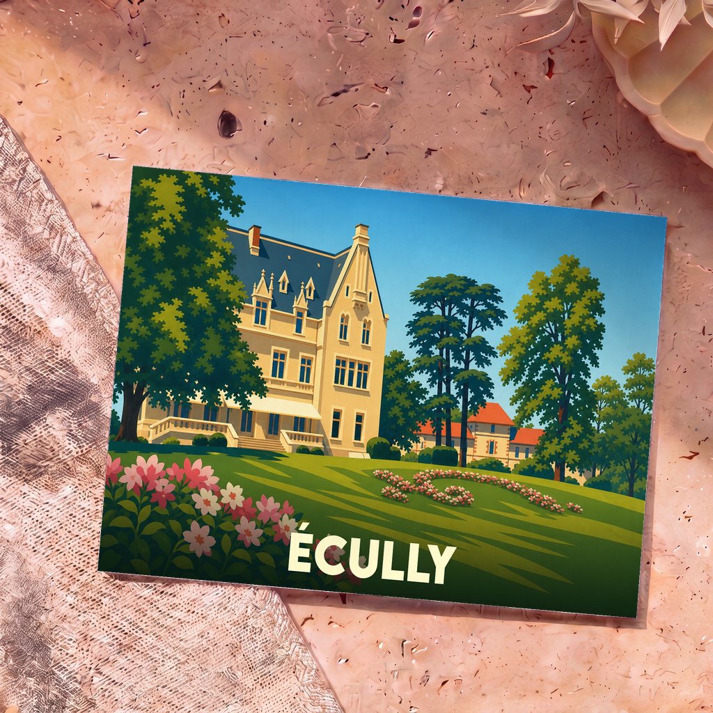 Carte postale souvenir de la ville d'Écully avec une illustration stylisée d'un château entouré de jardins.
