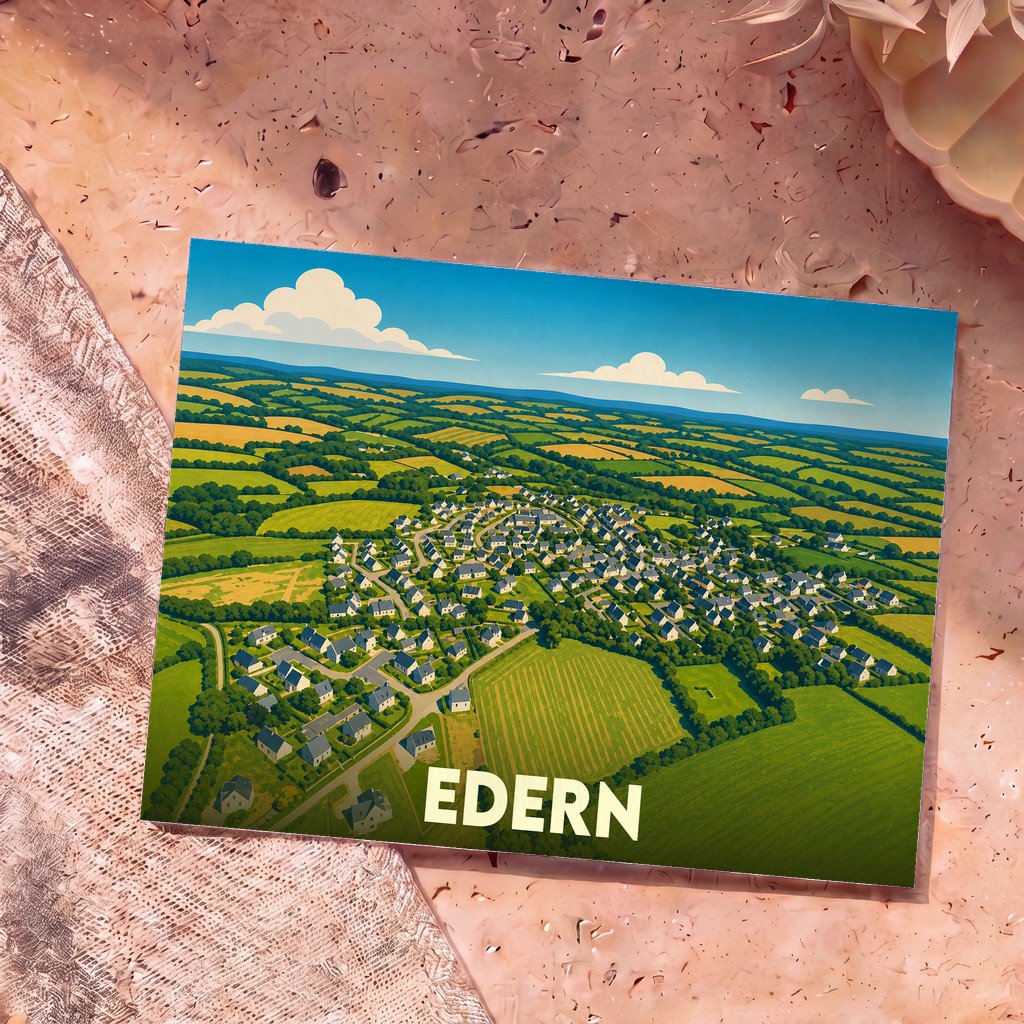 Carte postale souvenir de la ville d'Edern illustrée par une vue aérienne stylisée du village et de sa campagne verdoyante.