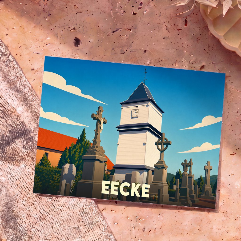 Carte postale souvenir de la ville de Eecke avec une illustration stylisée de son église et de son cimetière.