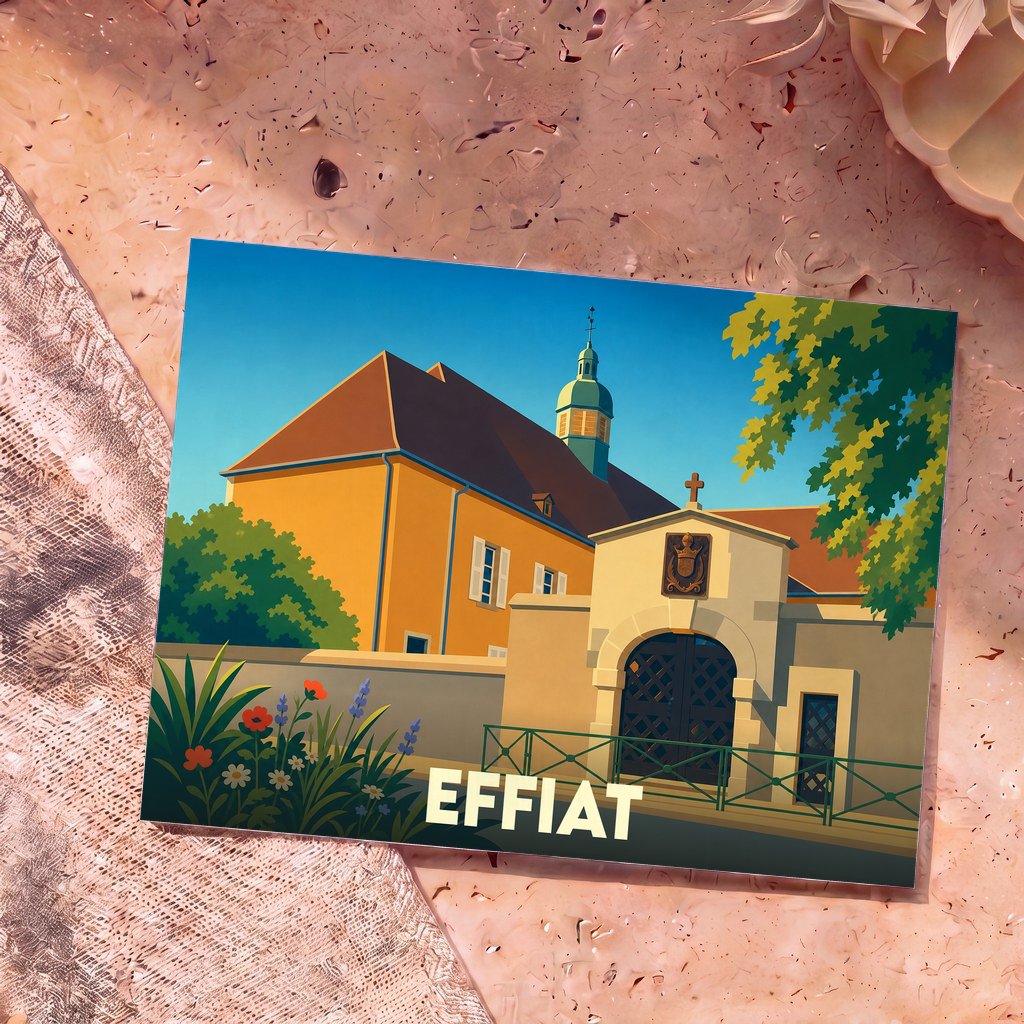Carte postale souvenir de la ville d'Effiat avec une illustration stylisée de ses monuments historiques sous un ciel bleu.