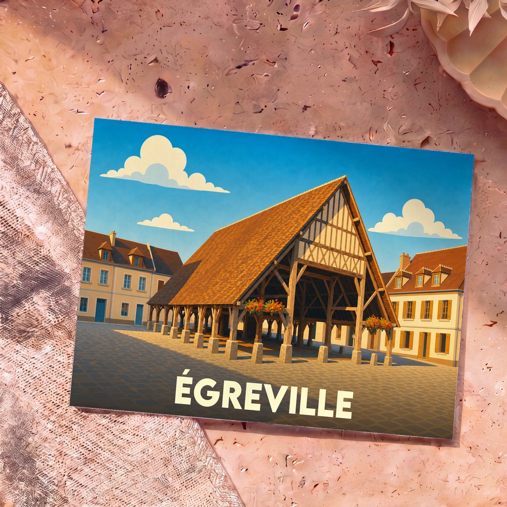 Carte postale souvenir de la ville d'Égreville illustrant ses halles historiques dans un style graphique épuré.