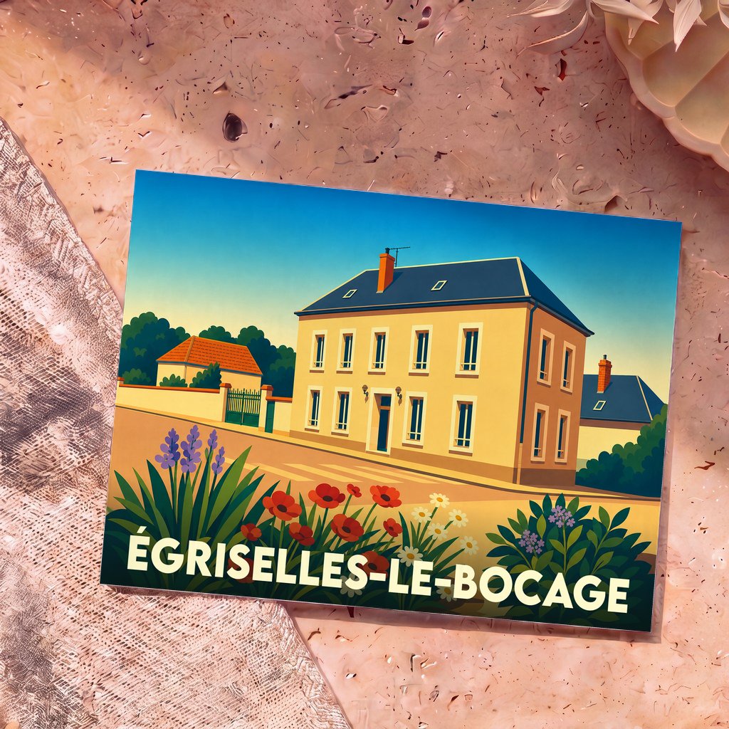Carte postale souvenir de la ville d'Égriselles-le-Bocage avec une illustration stylisée d'une maison de campagne.