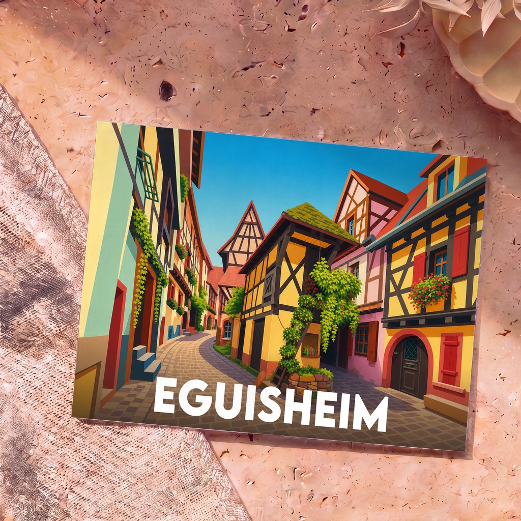 Carte postale souvenir de la ville d'Eguisheim illustrant ses maisons à colombages colorées dans un style graphique épuré.