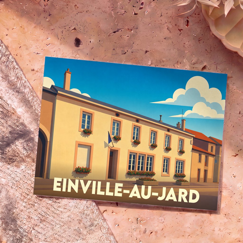 Carte postale souvenir de la ville de Einville-au-Jard avec une illustration stylisée d'un bâtiment fleuri.