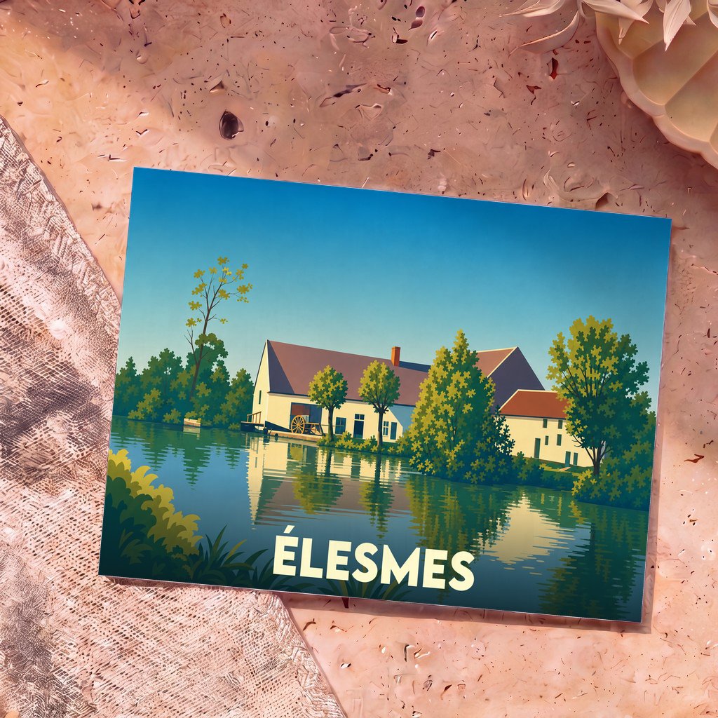 Carte postale souvenir de la ville de Élesmes illustrant un moulin au bord de l'eau dans un style graphique épuré.