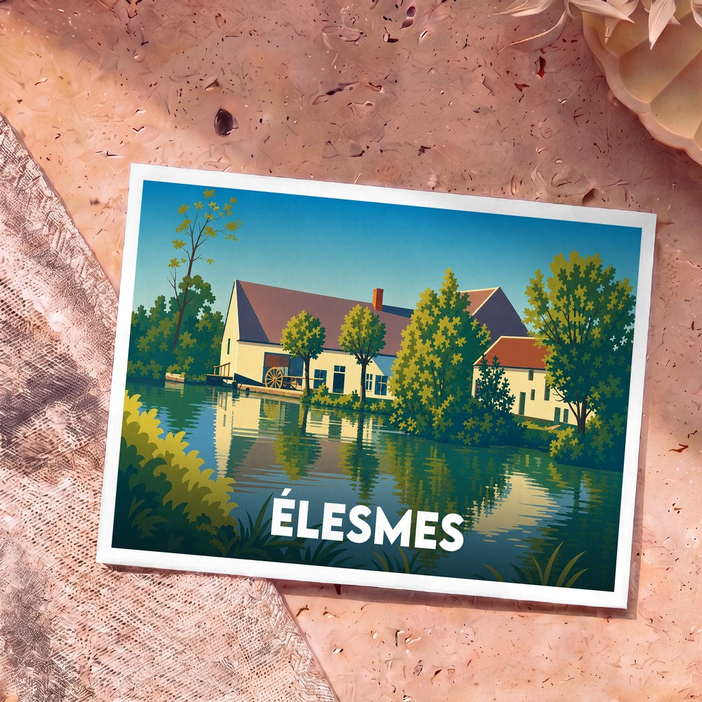 Carte postale souvenir de la ville de Élesmes illustrant un moulin au bord de l'eau dans un style graphique épuré.