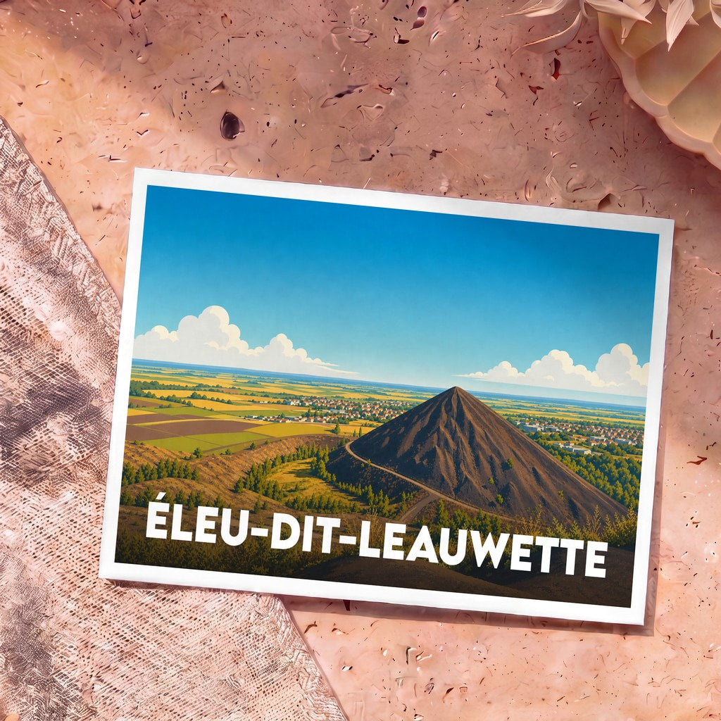 Carte postale souvenir de la ville d'Éleu-dit-Leauwette avec une illustration stylisée d'un terril.
