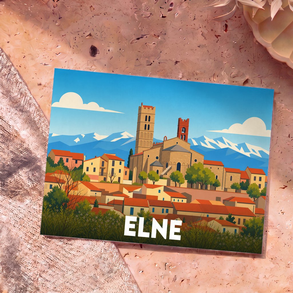 Carte postale souvenir de la ville d'Elne avec une illustration stylisée de sa cathédrale face aux montagnes.