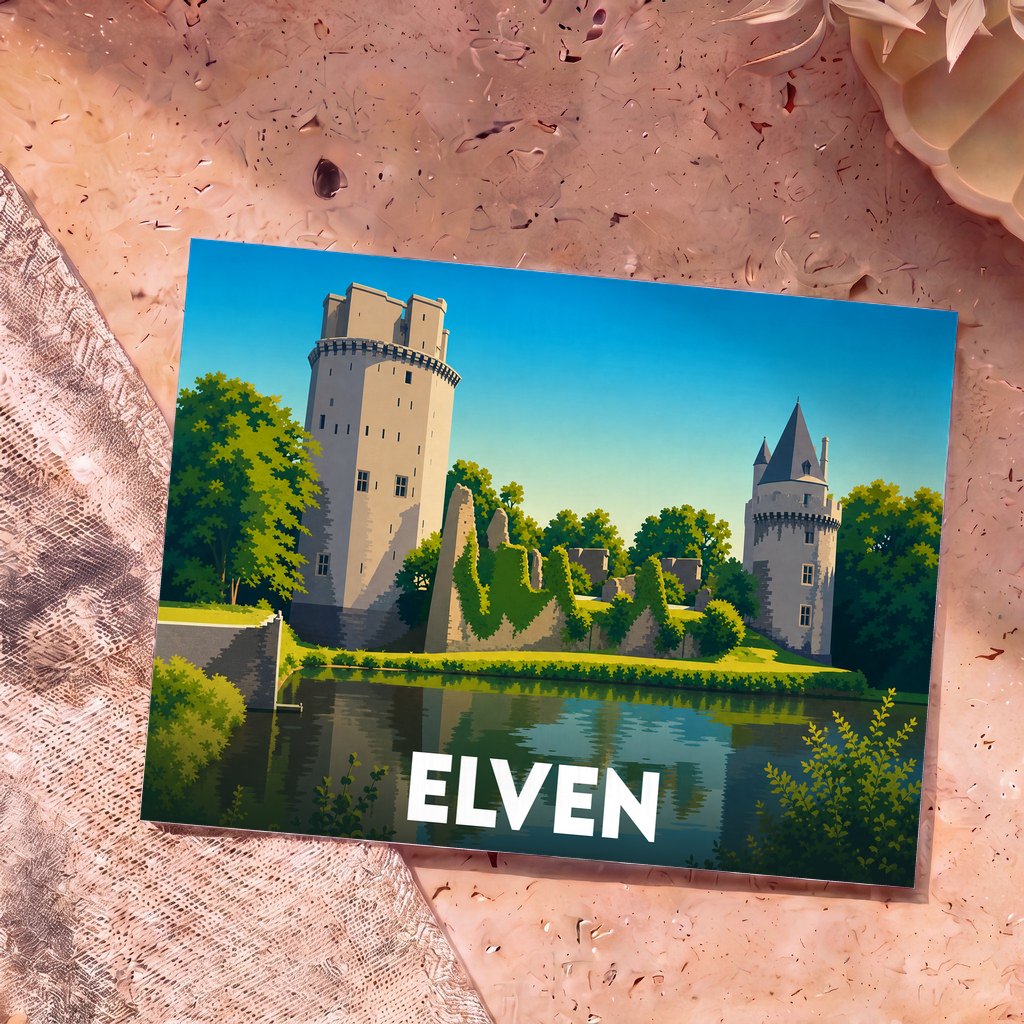 Carte postale souvenir de la ville d'Elven illustrant les tours de sa forteresse médiévale au bord de l'eau.