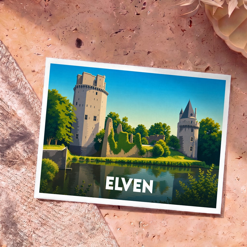 Carte postale souvenir de la ville d'Elven illustrant les tours de sa forteresse médiévale au bord de l'eau.