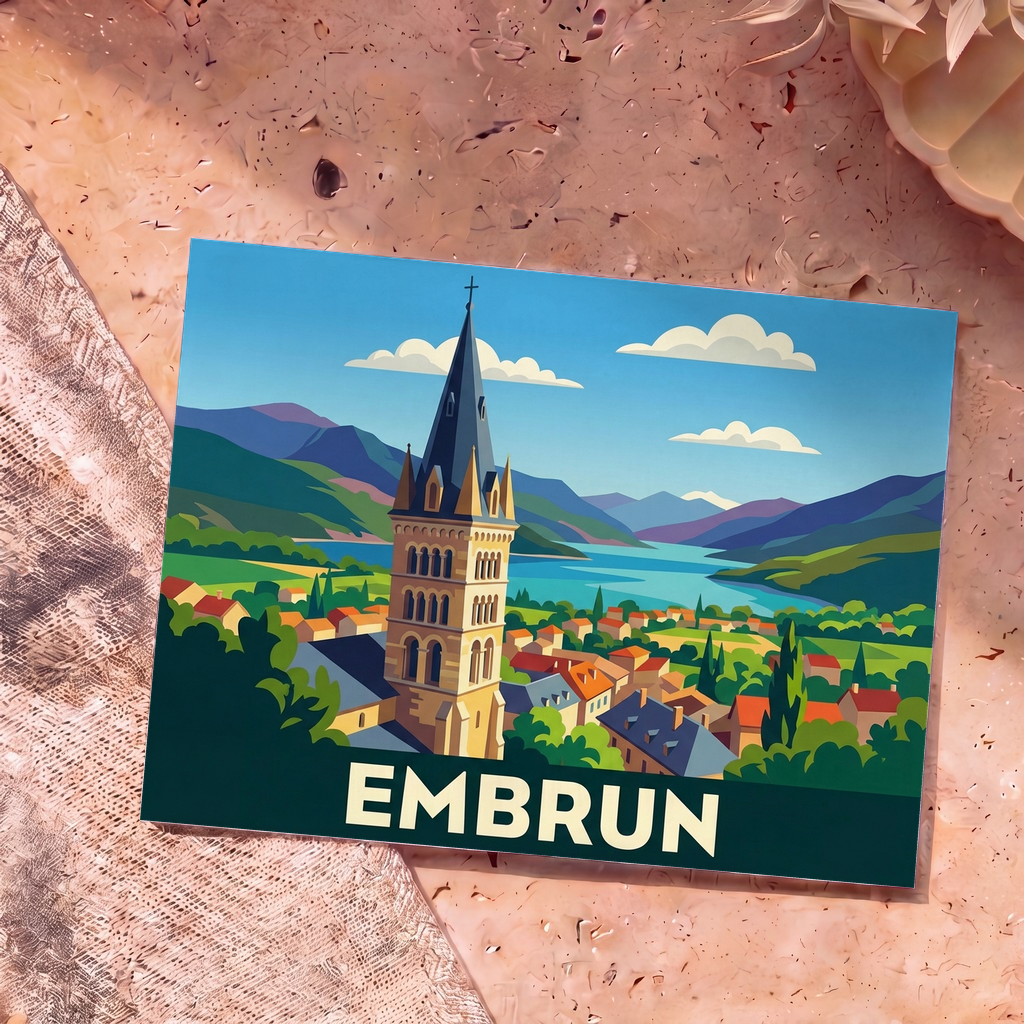 Carte postale souvenir de la ville d'Embrun avec une illustration stylisée de sa cathédrale surplombant le lac et les montagnes.