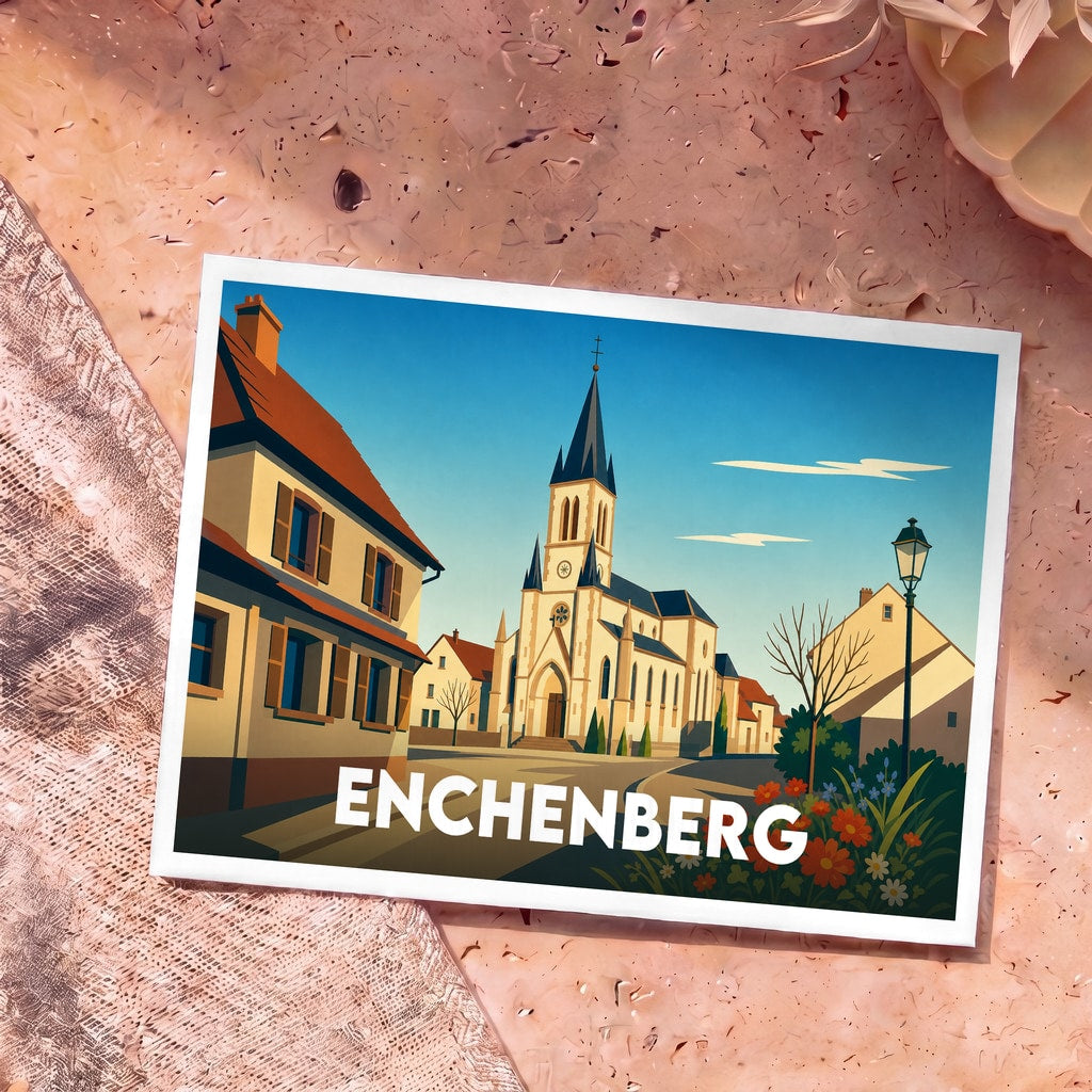 Carte postale souvenir de la ville d'Enchenberg illustrée d'un dessin stylisé de son église et ses maisons.