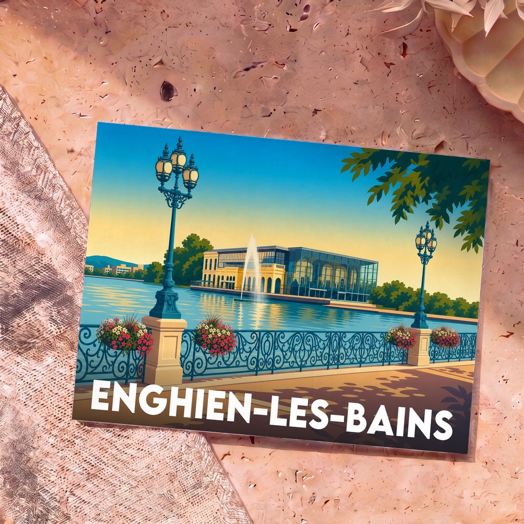 Carte postale souvenir de la ville d'Enghien-les-Bains avec une illustration stylisée du lac et de son casino.