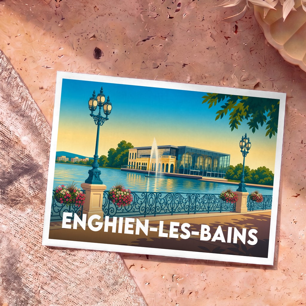 Carte postale souvenir de la ville d'Enghien-les-Bains avec une illustration stylisée du lac et de son casino.